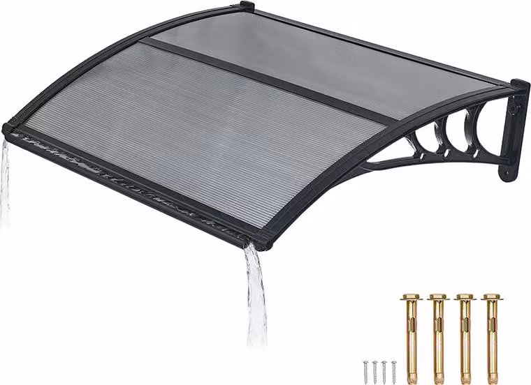 SucceBuy Tettoia per porta d'ingresso 755x1000 mm, design arcuato con drenaggio, copertura con supporto in ABS, protezione da pioggia, neve e sole, tetto in policarbonato per veranda e terrazza, grigio fumo