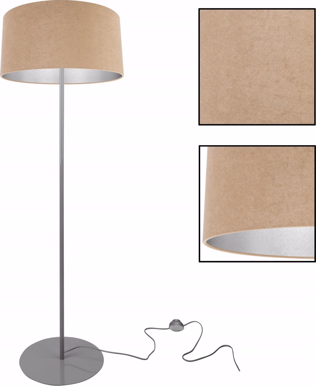Lampada da terra, treppiede, cromo, paralume in velluto