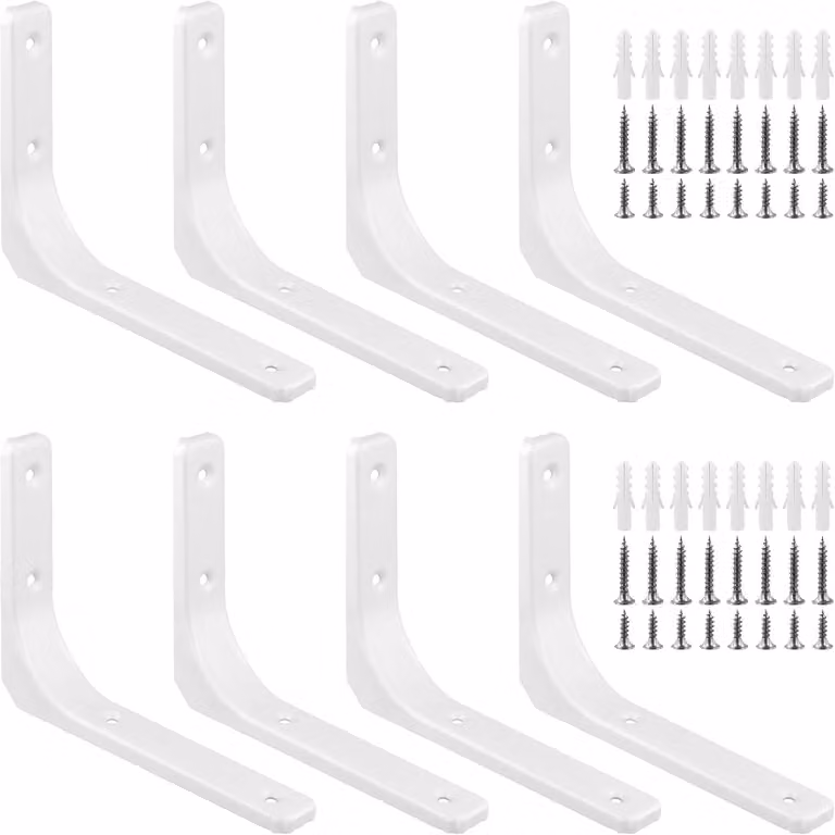 Supporti a parete in metallo a forma di "L", colore bianco, confezione da 8 pezzi, dimensioni 200x150x30 mm, per mensole angolari