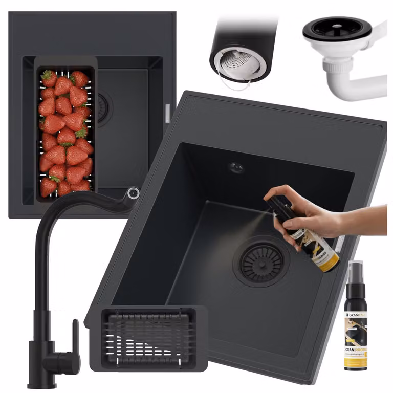 Granitan - Lavello in granito - Lavandino 50x40 cm - Lavello cucina nero - con miscelatore - NERO