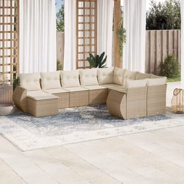 Set Divano da Giardino 10 Pezzi vidaXL in Polyrattan con Cuscini Beige e Tavolino