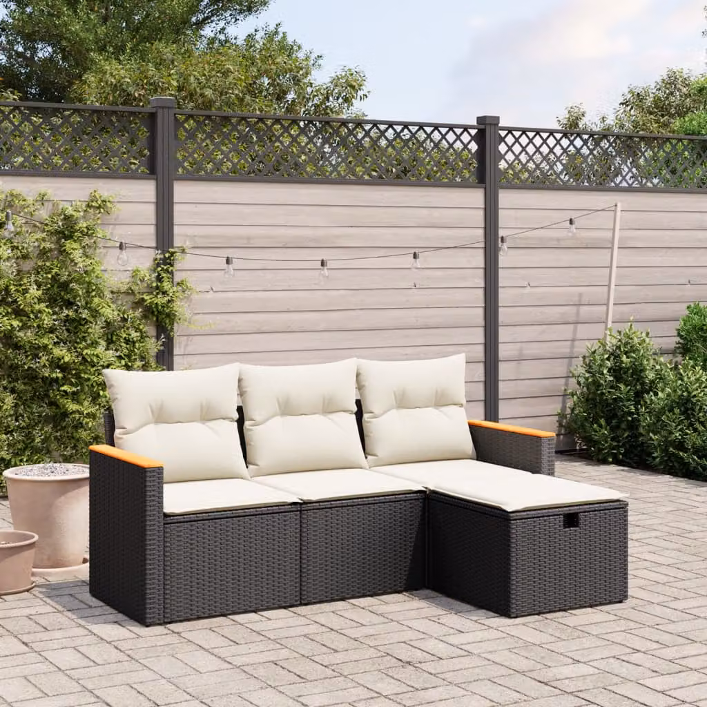 Set Divano da Giardino a L vidaXL con Cuscini, Poltrona, Ottoman e Divano a 2 Posti, Nero – 1
