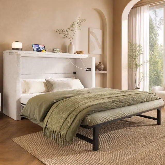Letto a scomparsa 140x200 cm beige in lino - porte USB e Type-C