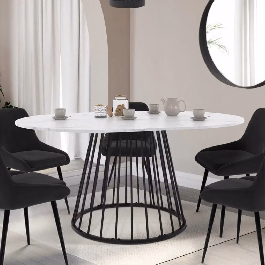 IDMarket YUNA tavolo da pranzo rotondo allungabile per 4-8 persone con piano effetto marmo bianco e nero, Diametro: 110-150 cm, Altezza: 75 cm – 2