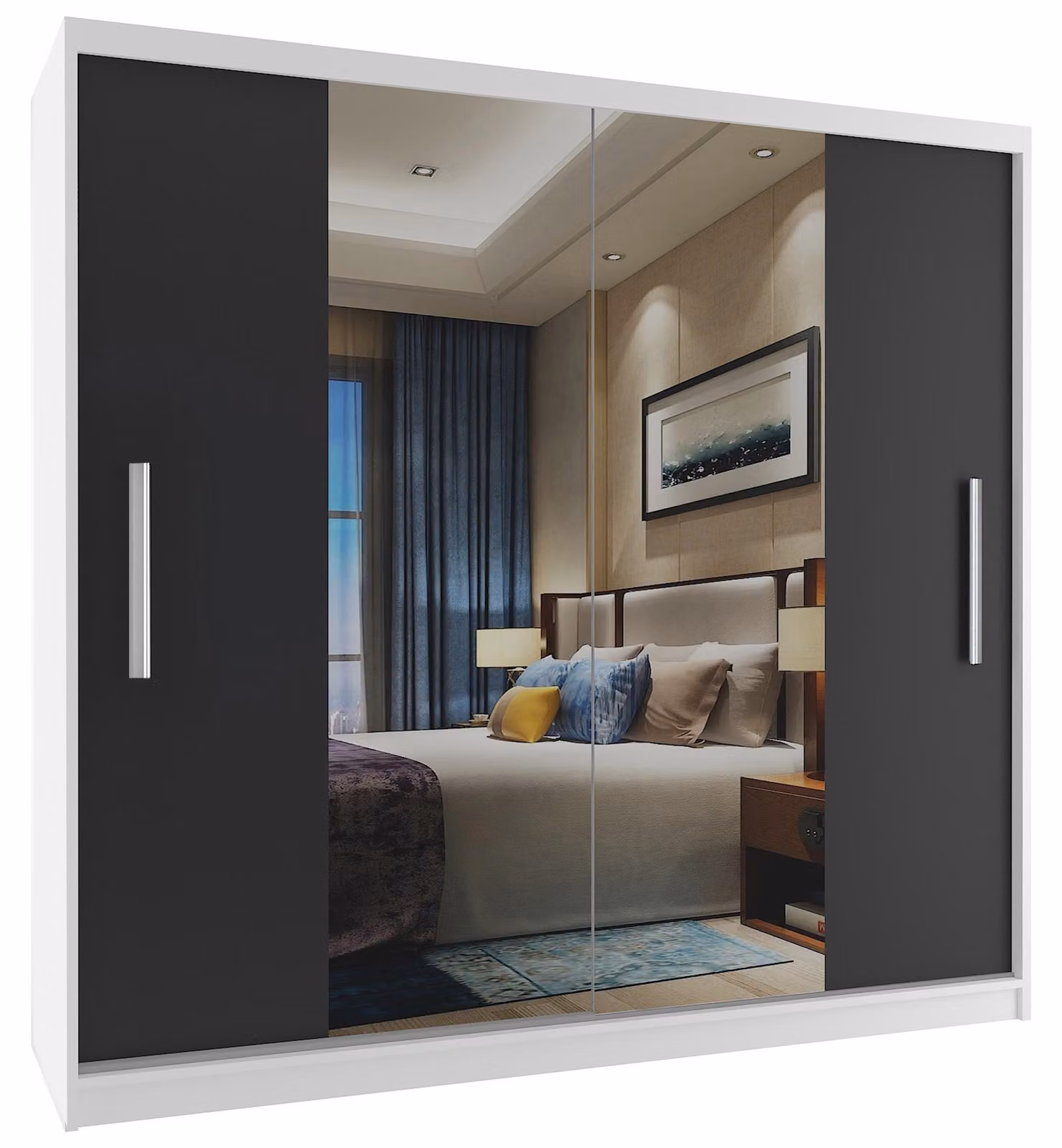 BELINI Verona, armadio scorrevole da 200 cm, bianco/nero opaco - armadio con specchio e appendiabiti, ideale per la camera da letto