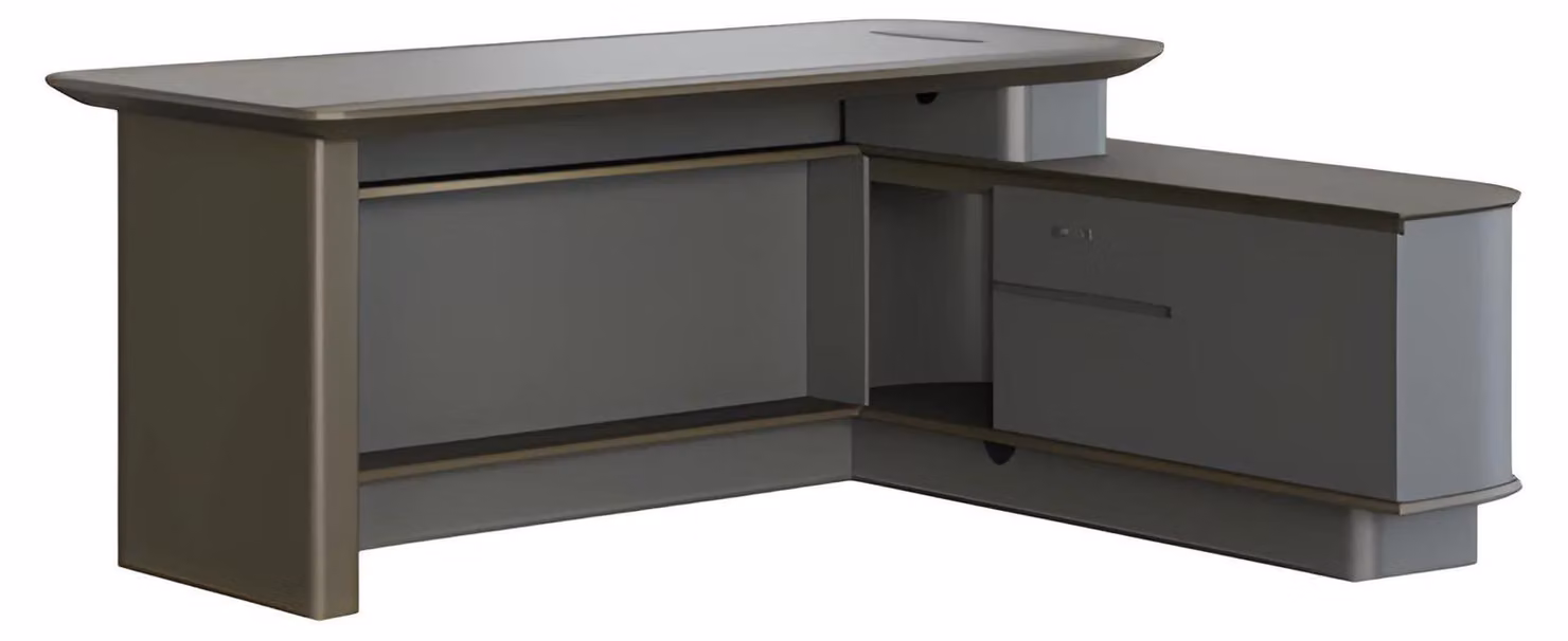 Schreibtisch Chefzimmer Modern Grau Schwarz Winkel Stauraum Kabelkanäle Elegant
