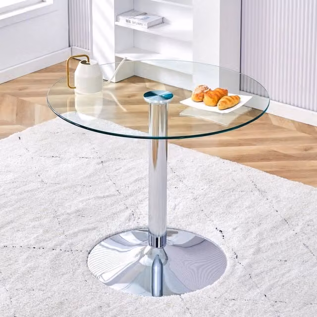 Tavolo Bar Rotondo REDOM in Vetro Trasparente e Metallo Argento, Diametro: 85 cm, Altezza: 76 cm