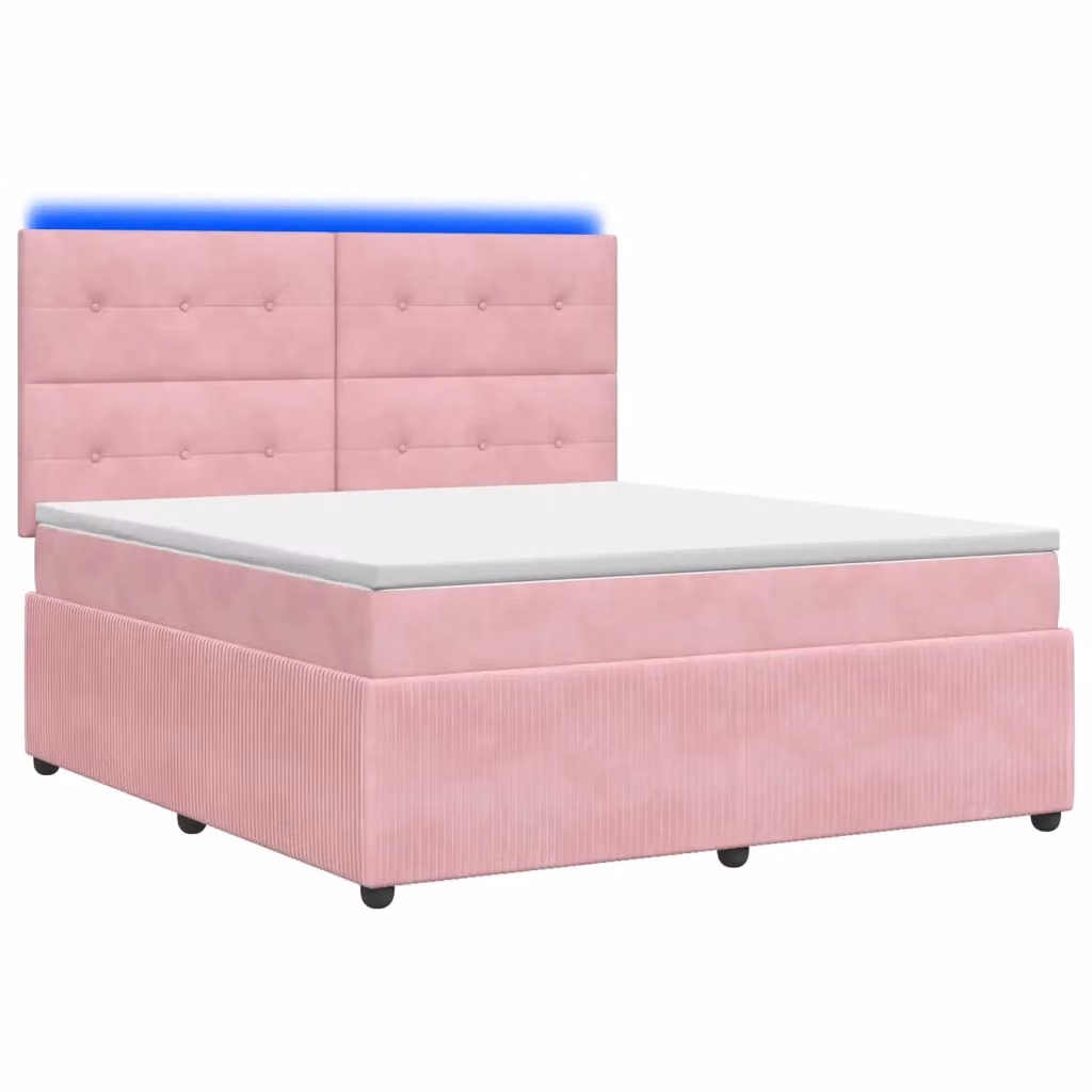 Letto Box Spring vidaXL in Velluto Rosa e Bianco con Materasso Ibrido e Illuminazione LED, Porte USB e Base a Sollevamento, L/P: 180 x 200 cm – 2