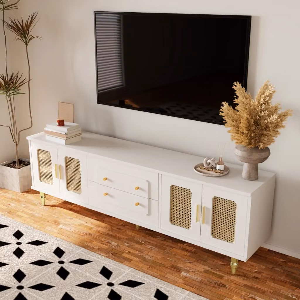 Mobile TV basso WISHDOR in stile retrò con ante effetto rattan e cassetti push-to-open, bianco, L: 175 cm, P: 38 cm, H: 55,5 cm – 2