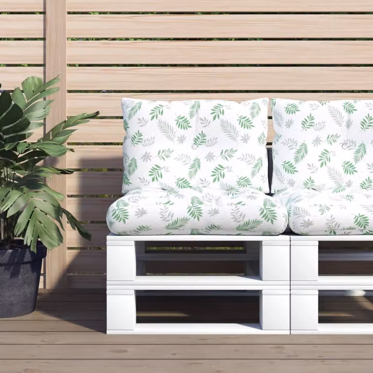 Set di 2 cuscini per pallet vidaXL con motivo a foglie, tessuto Oxford impermeabile e traspirante, colore verde e bianco, L/P/H: 60 x 60 x 10 cm