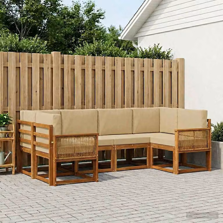 Set di divani da esterno vidaXL 6 pz in legno di acacia con cuscini beige e marrone a forma di L per giardino e terrazza
