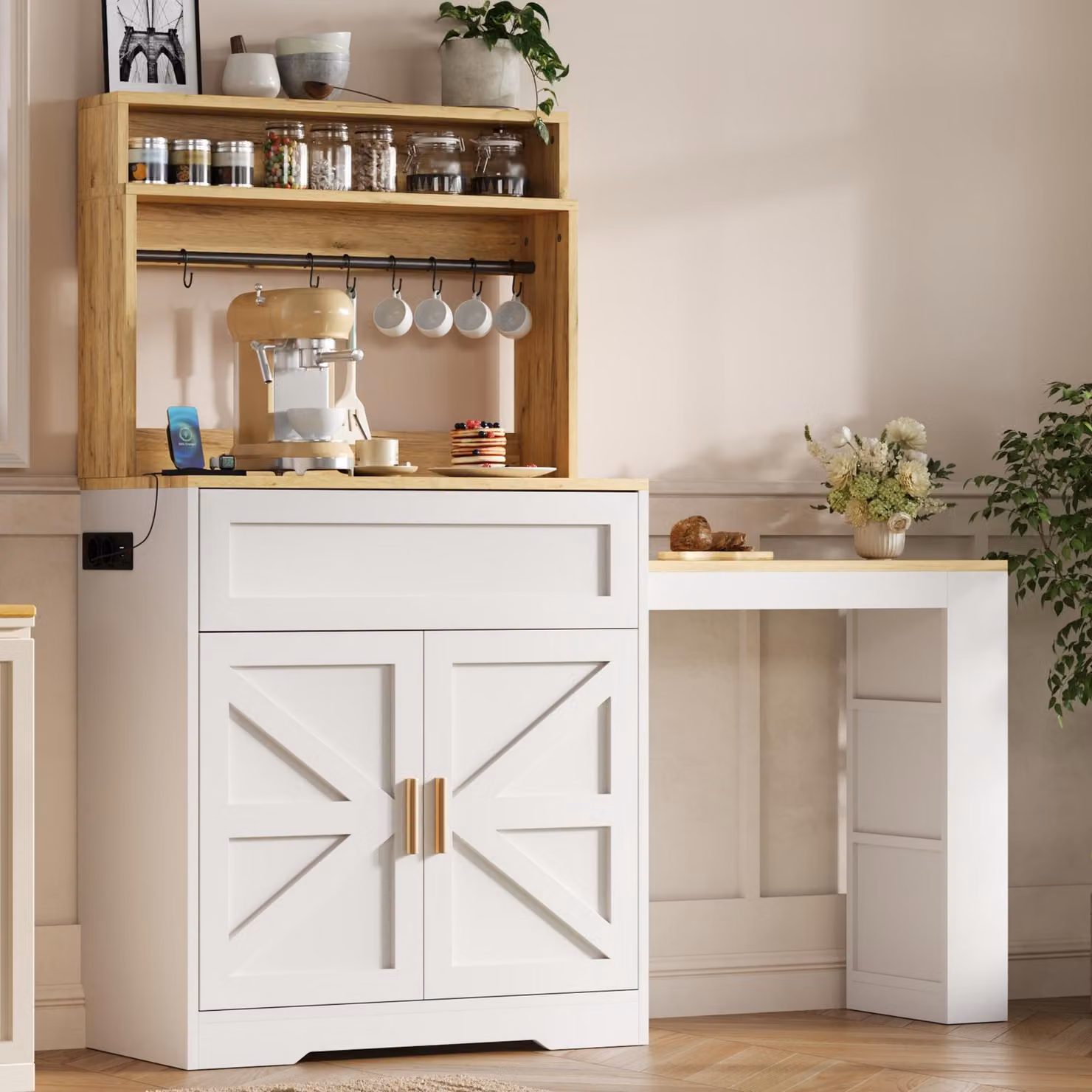 Armadio da cucina Abrihome, modello alto con piano di lavoro estraibile, dispensa con ripiano laterale a 3 livelli e ripiani interni regolabili, colore bianco