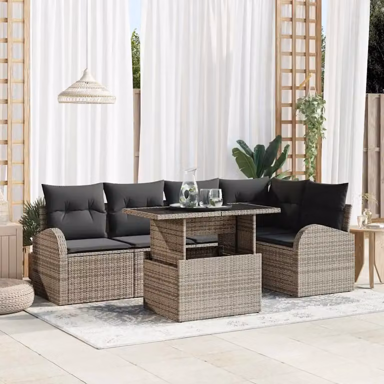 Set Divano da Giardino vidaXL a Forma di L con Tavolino in Vetro e Cuscini, 6 Pezzi, Grigio