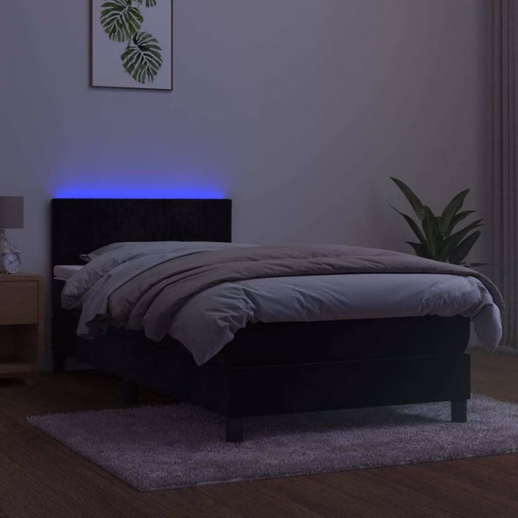 The Living Store Letto a molle con materasso e LED nero 100x200 cm in velluto