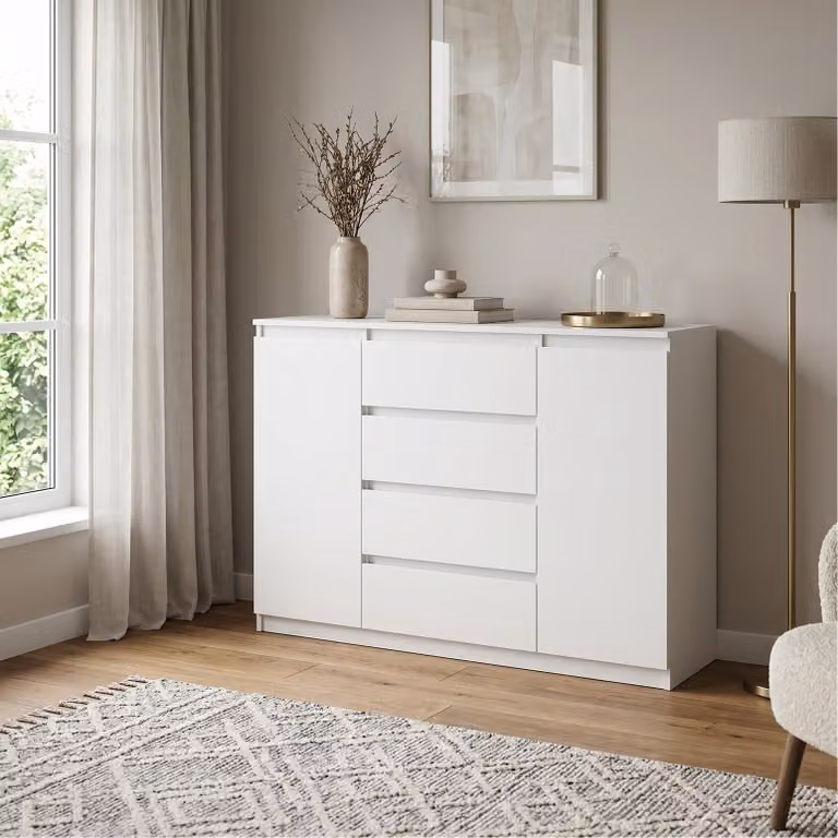 Comodà Masseno NUDO da 138,5 cm con 4 cassetti e 2 ante per soggiorno e camera da letto, stile moderno, 138,5 x 39 x 101,5 cm, bianco / bianco