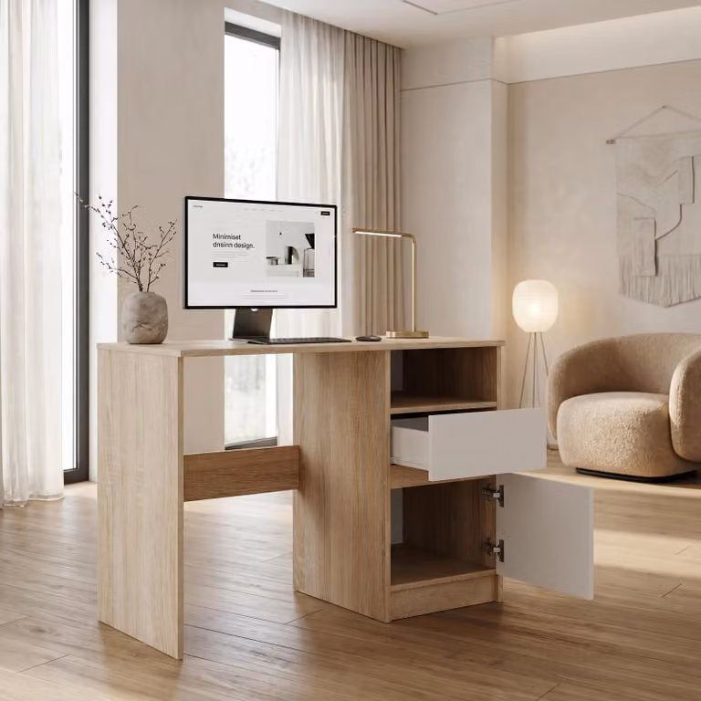 Scrivania compatta 100x50 cm | Scrivania moderna per computer e ufficio | Scrivania per PC per l'home office e la camera dei ragazzi | Bianco / Rovere Sonoma
