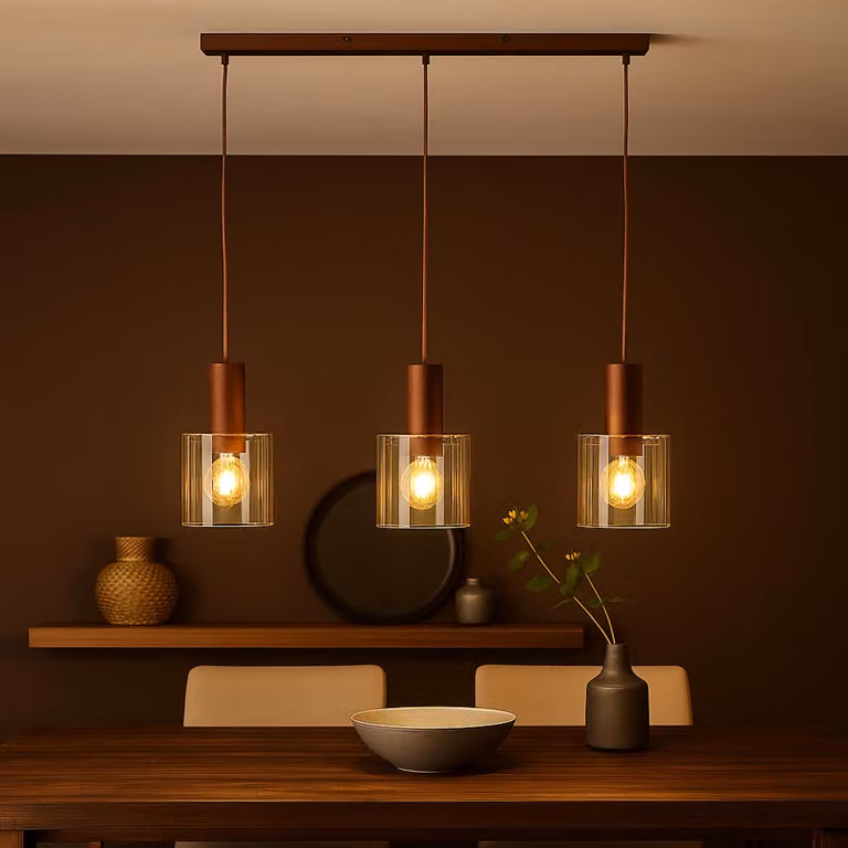 Lampada a sospensione a 3 luci, dimensioni 90x20x120 cm, realizzata in vetro, colore caffè/ambra