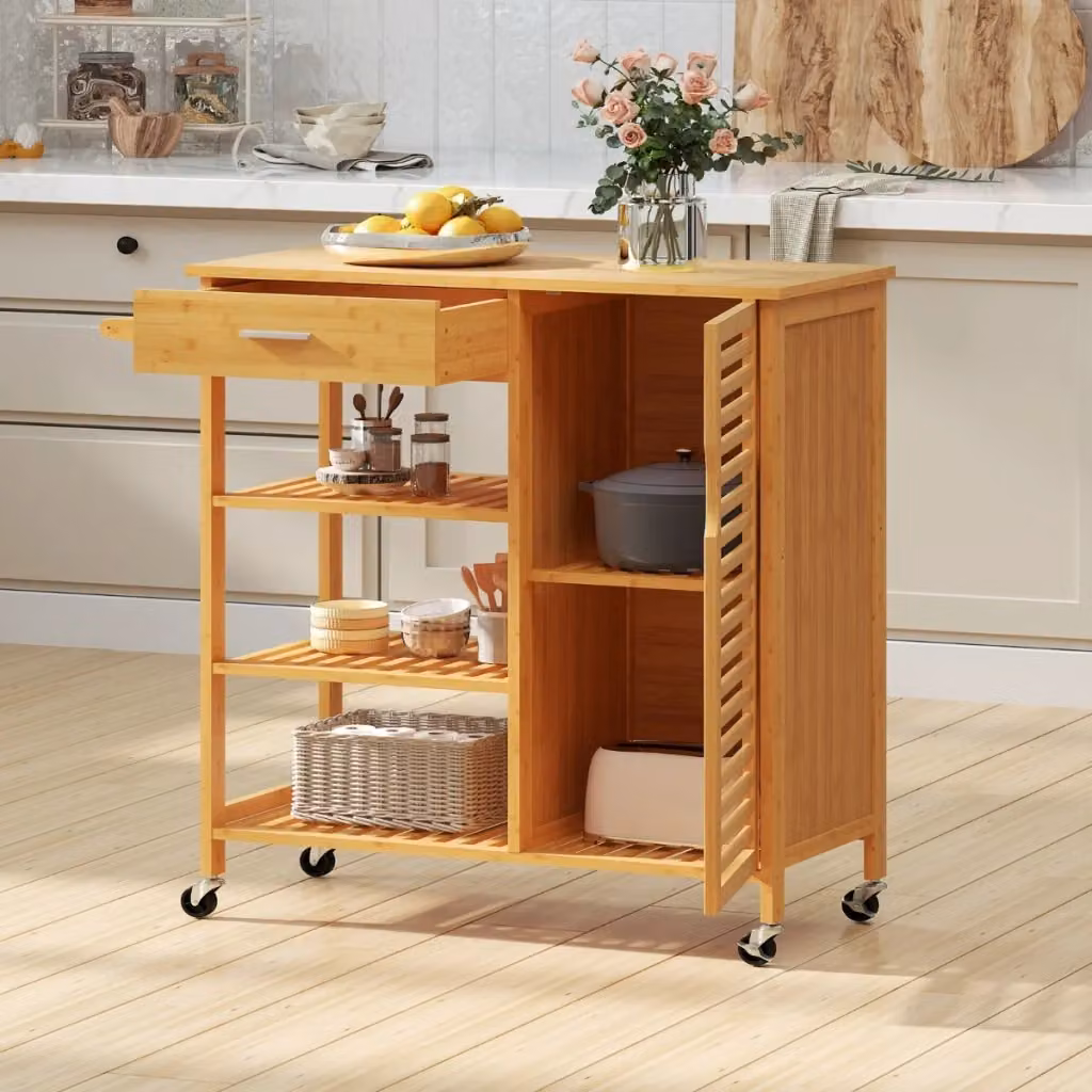 Carrello isola cucina in bambù con cassetto e 3 ripiani aperti, tavolo mobile in legno naturale stile scandinavo con ruote per cucina e sala da pranzo – 2