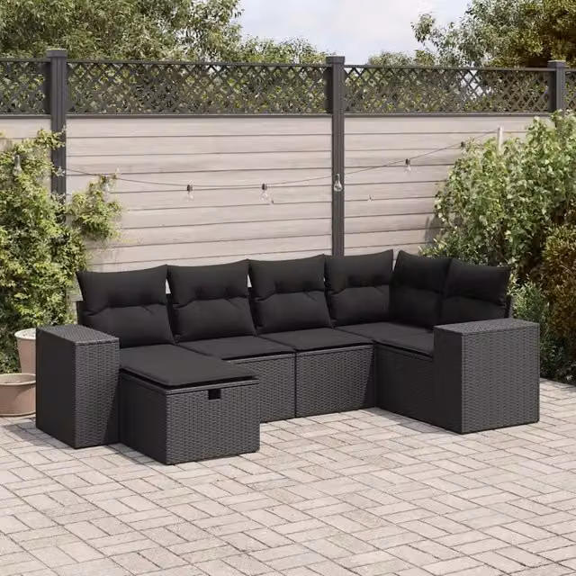 Set Divano da Giardino 6 pz con Cuscini Nero in Polyrattan 3325681