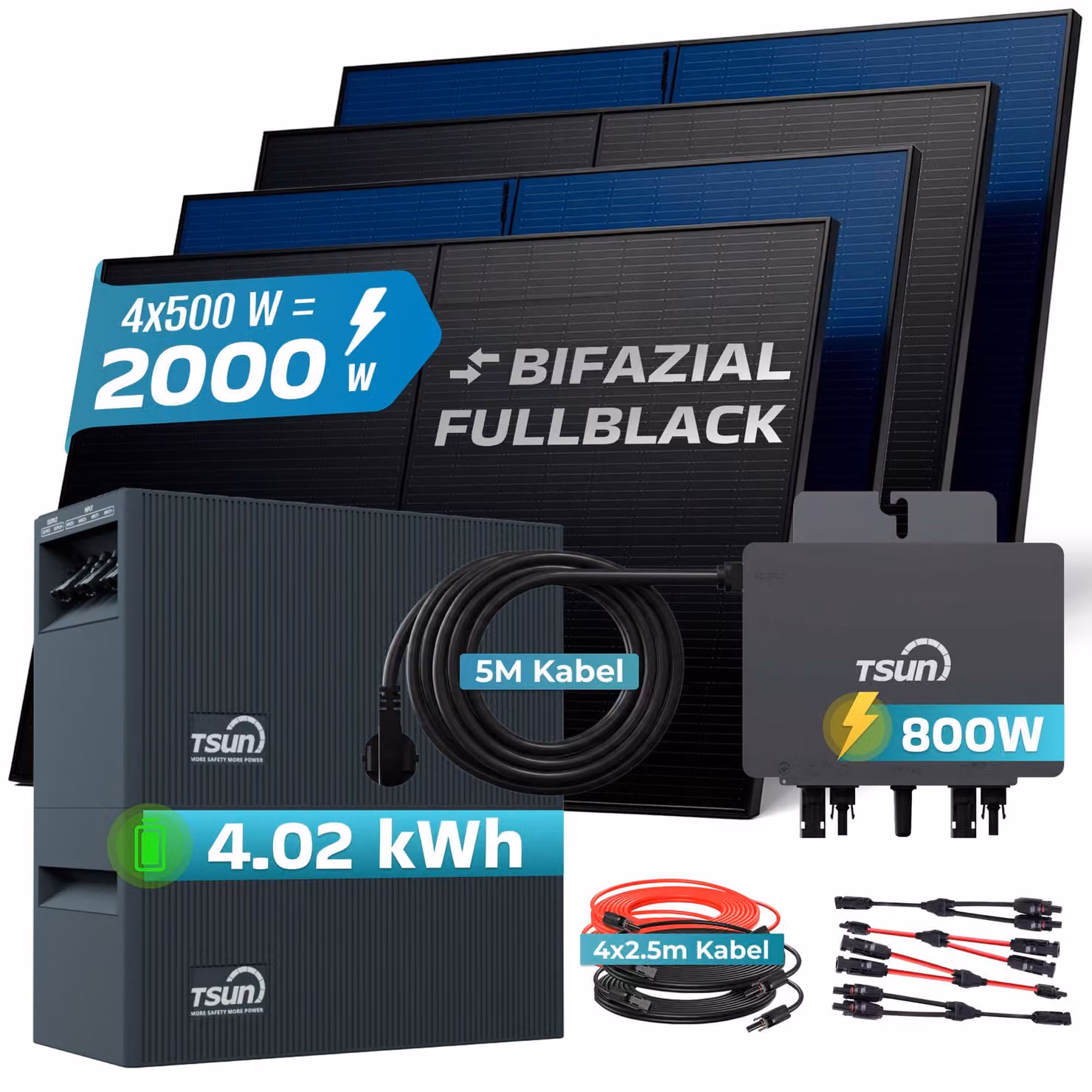 SUNNIVA® Impianto fotovoltaico da balcone da 2000W con sistema di accumulo da 4,02 kWh, modello TSUN SOLARCAN TSOL-DCU2000Lite, composto da 4 pannelli da 500W bifacciali full black, completo di presa di corrente e sistema di accumulo solare
