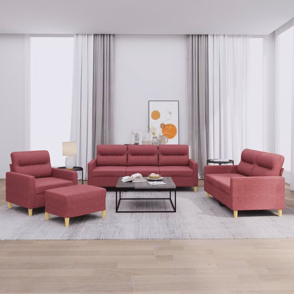 vidaXL Set di Divani Moderno 4 Pezzi in Tessuto Rosso con Cuscini e Pouf – 1