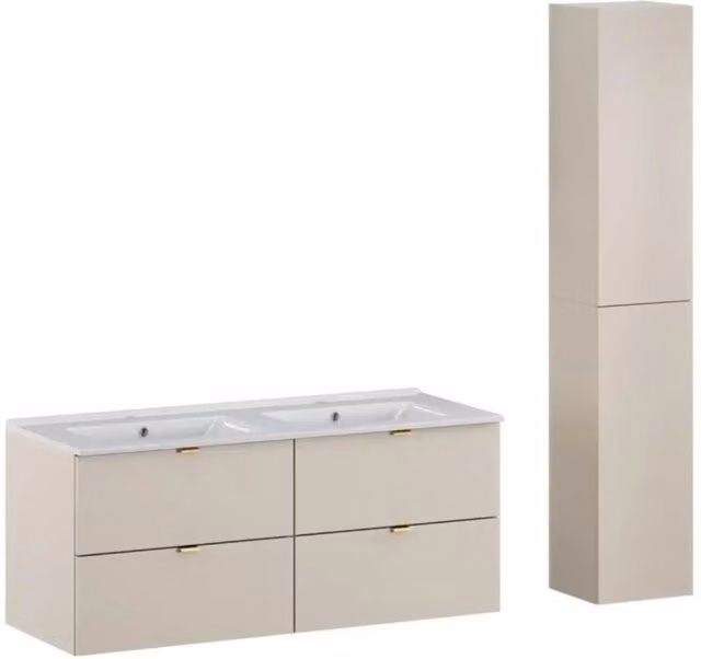 Set da bagno BELLA: mobile sottolavabo 120cm + doppio lavabo incassato rettangolare + colonna di stoccaggio