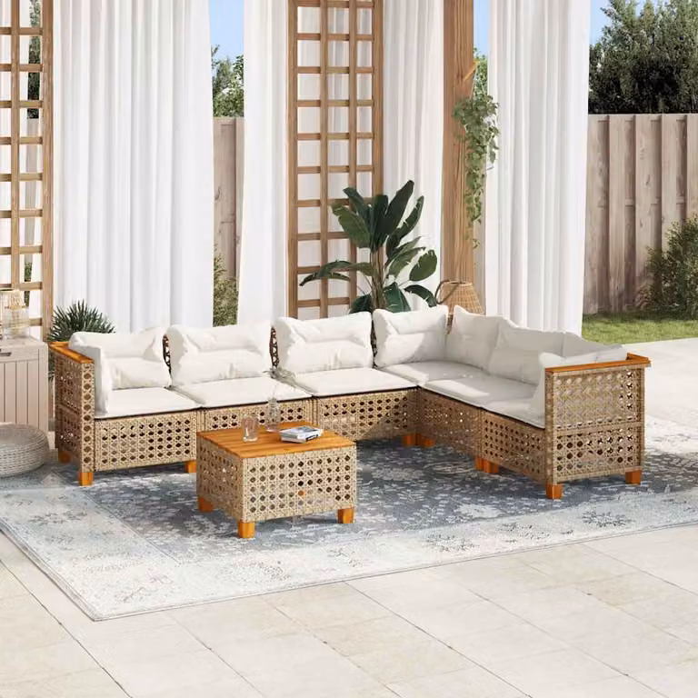 vidaXL Set Divani da Giardino 7 pz in Polyrattan con Cuscini Beige e Tavolino da Esterno