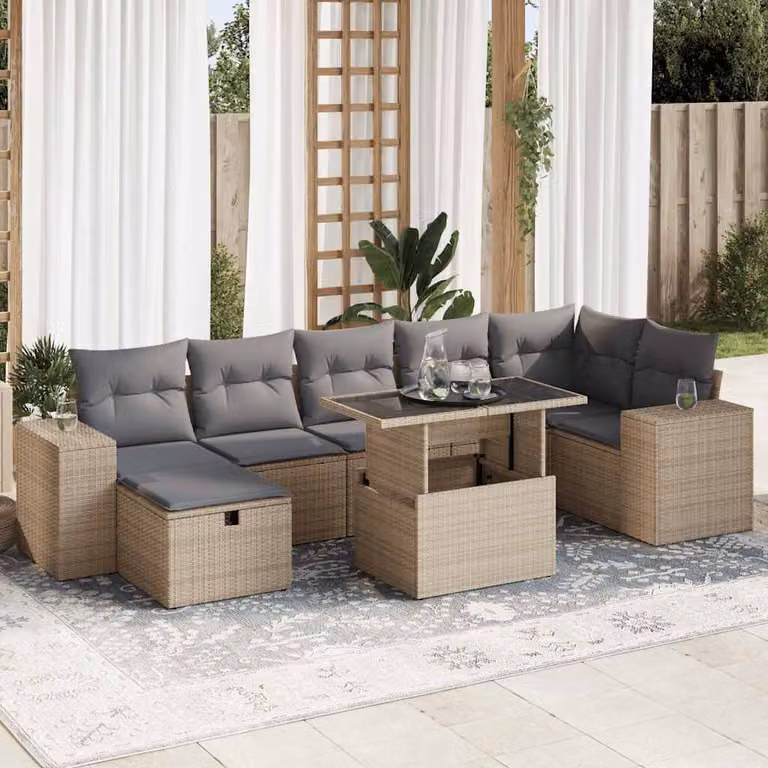 Set Divano da Giardino L-Shape vidaXL in Polyrattan con Cuscini Beige e Grigio, 5 Pezzi