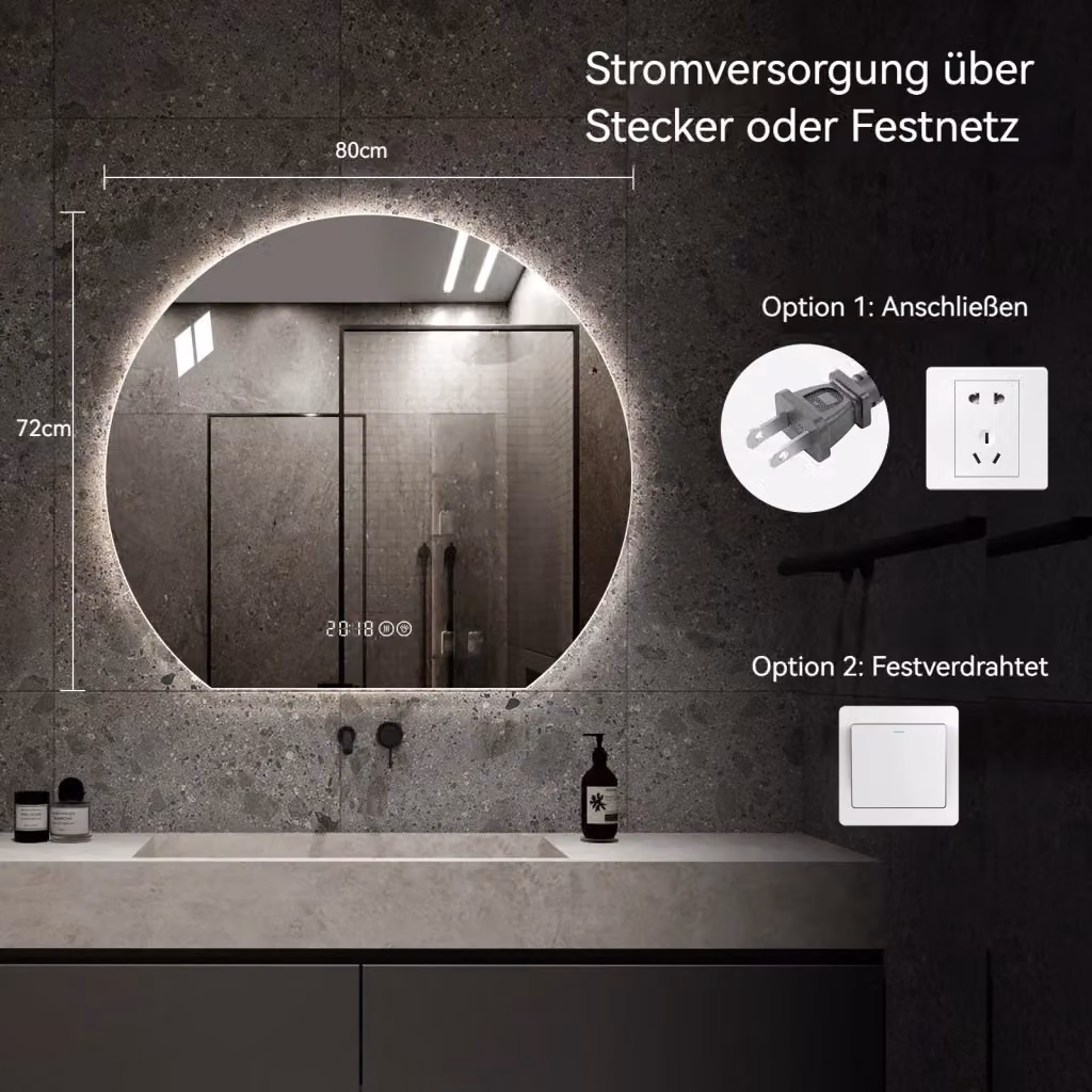 Specchio da bagno rotondo OKWISH con luce LED dimmerabile e funzione antiappannamento, argento, L: 88 cm, H: 80 cm – 2