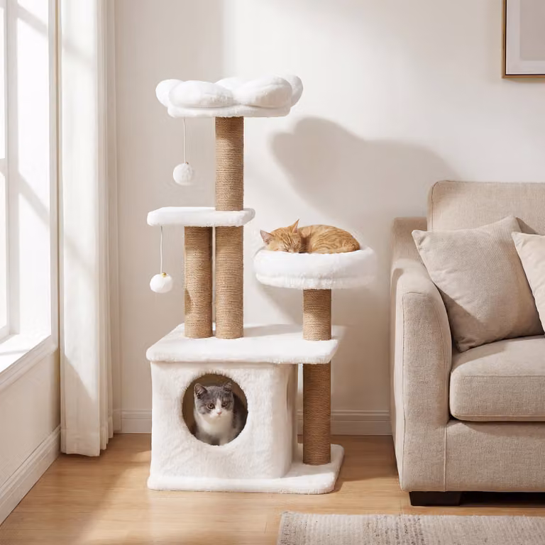 Albero per gatti Costway con torre, cuccia e giochi integrati, colore beige, Altezza: 96 cm