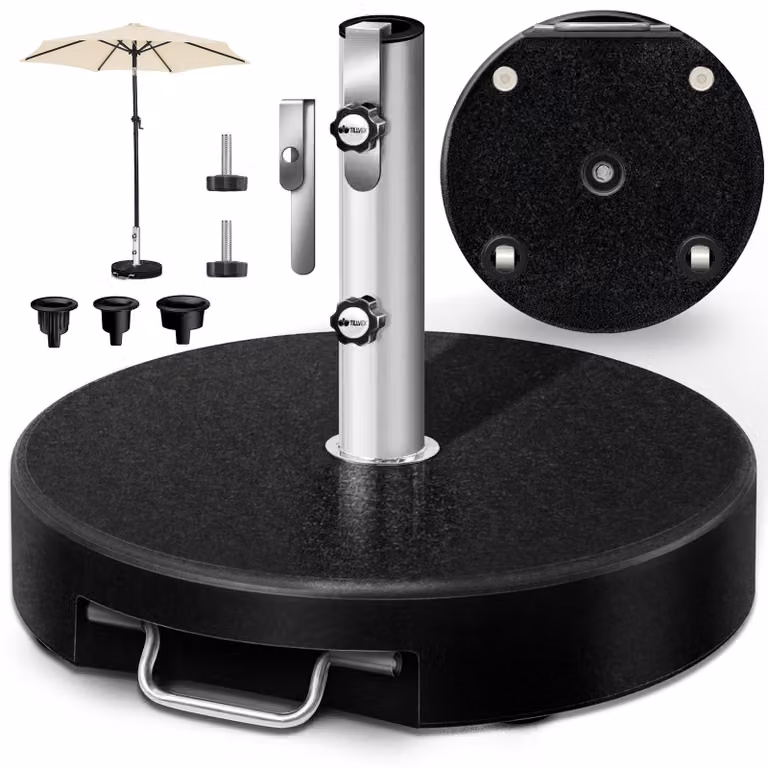 Supporto per ombrellone in granito tillvex® con rotelle e manico telescopico, 27 kg, nero - rotondo | Supporto per ombrellone con tubo in acciaio inossidabile | Supporto per balcone per aste da 16-48 mm e ombrelloni con diametro fino a 300 cm