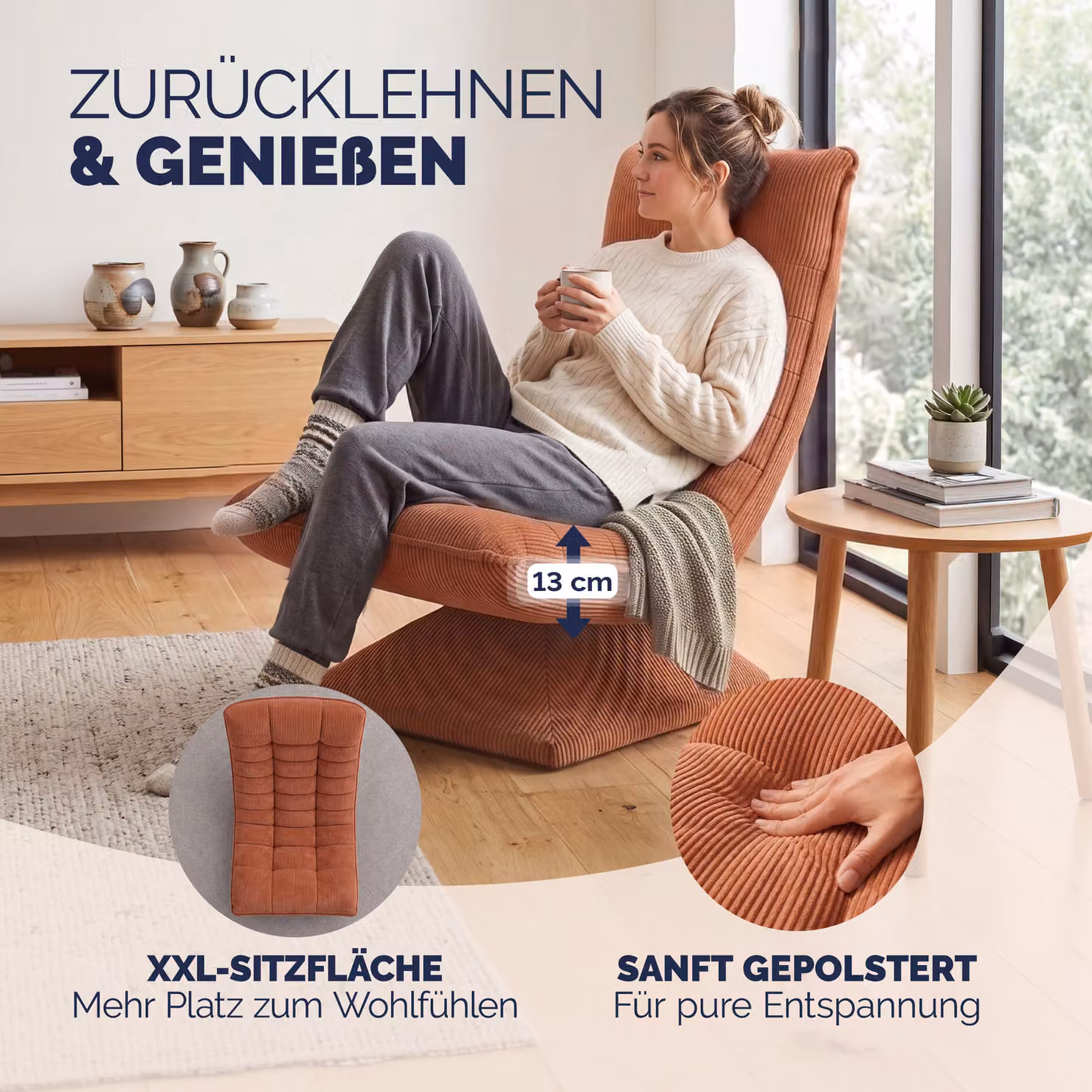 Poltrona relax girevole a 360° Casaria® Aberdeen in velluto a coste terracotta, regolabile in 5 posizioni e pieghevole – 2