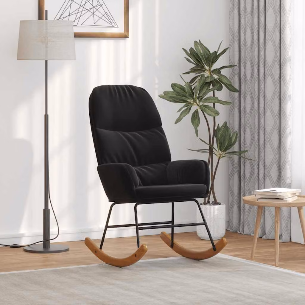 Sedia a dondolo vidaXL in velluto nero con struttura in metallo e MDF per soggiorno o camera da letto