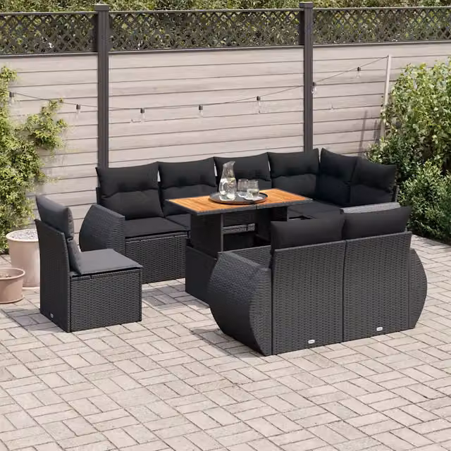 Set Divani da Giardino 9 pz con Cuscini Nero in Polyrattan 3327275