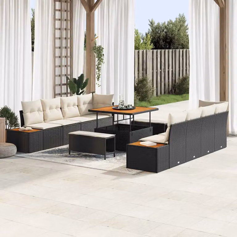 Set Divano da Giardino vidaXL 11 Pezzi a Forma di U con Cuscini Nero