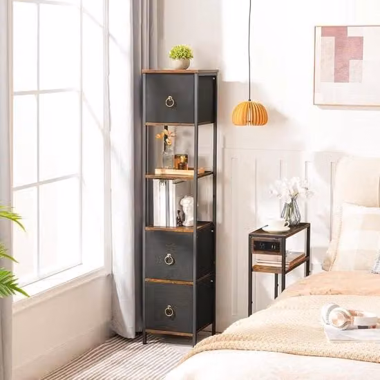 Cassettone per bagno alto - Comparto di stoccaggio libero per bagno - Cassettone alto a parete per bagno - Cassettone alto multifunzionale - 3 cassetti - Colore vintage marrone - Cassettone per bagno alto in legno nero