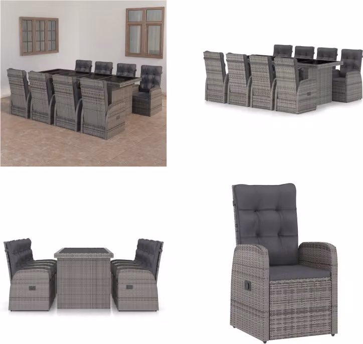 vidaXL Set da pranzo da giardino 9 pezzi con cuscini in poly rattan grigio - Set di mobili da giardino - Set di mobili da giardino - Tavolo e sedia da giardino - Tavoli e sedie da giardino