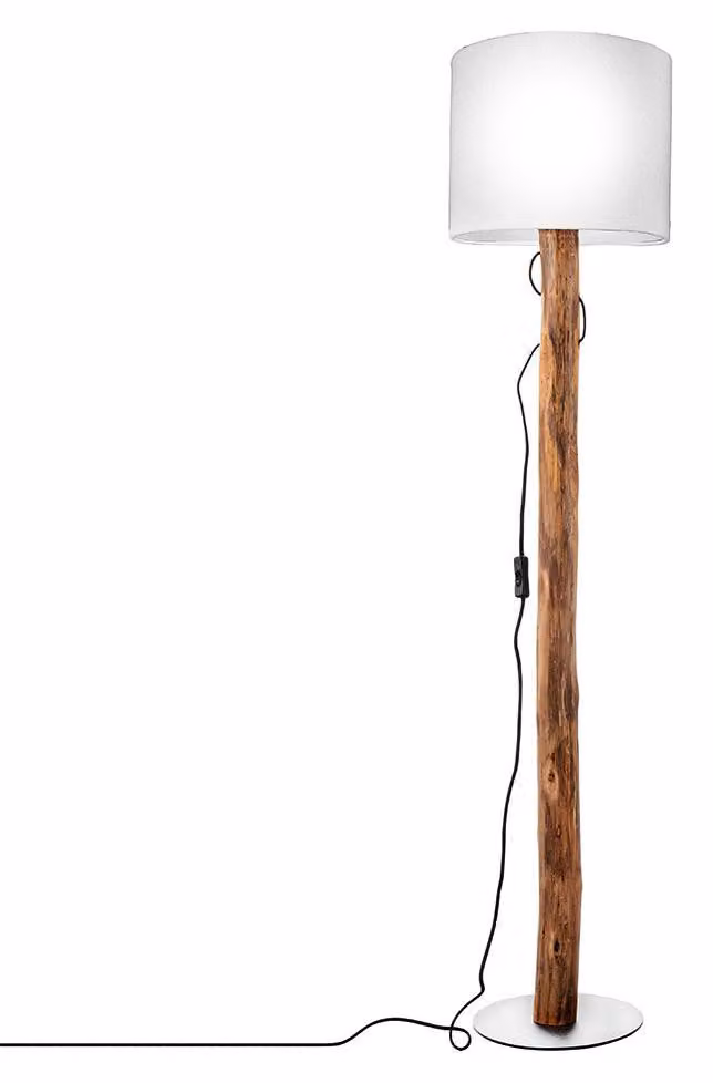 Lampada da terra, legno di eucalipto, tessuto, bianco, oro, altezza 130 cm