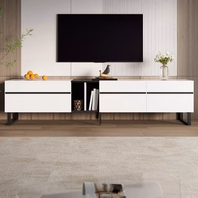 Mobile TV Mivray moderno in legno bianco con vano a ribalta idraulica, vano aperto e 2 vani chiusi L: 180 cm, P: 38 cm, H: 45 cm – 1