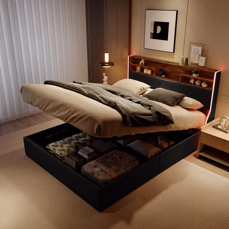Letto a pressione a gas UnboxG 140x200cm nero, Finto cuoio, luce LED e connessione USB, contenitore testata e rete - letto matrimoniale imbottito