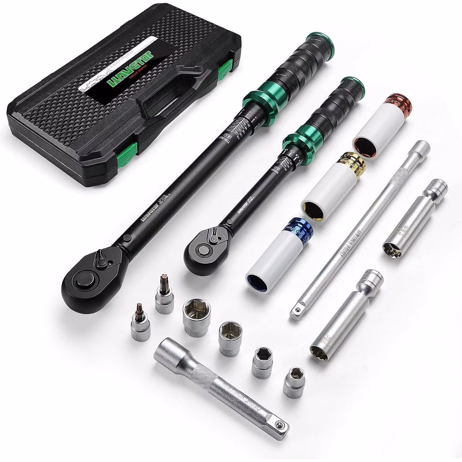 Set di chiavi dinamometriche da 60 Nm e 220 Nm, con attacco da 3/8 e 1/2, composto da 15 pezzi