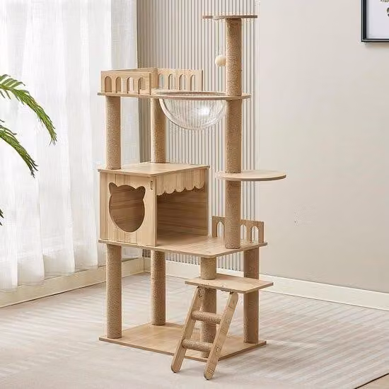 Azomor: moderno tiragraffi in legno con piattaforma di osservazione e area giochi per gatti