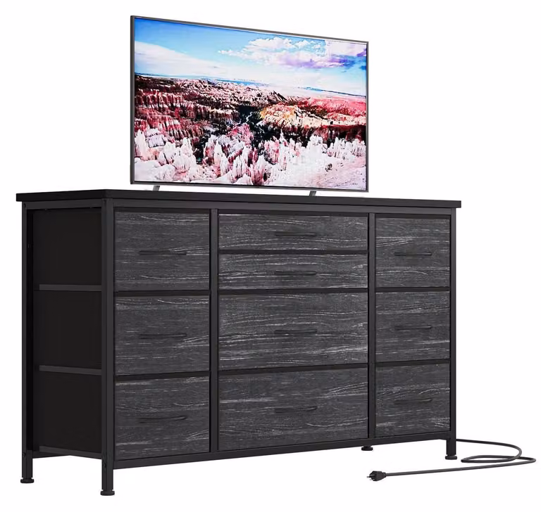 Comodino con 10 cassetti rivestiti in tessuto e 3 prese di corrente, mobile TV, mobiletto porta TV, ideale per ingresso, dimensioni 121 cm, colore nero salice