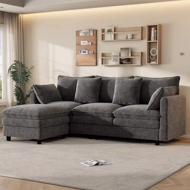 Divano angolare 3 posti con chaise longue ¨C Minimal ¨C grigio tessuto imbottito con cuscini 212x150x90 cm