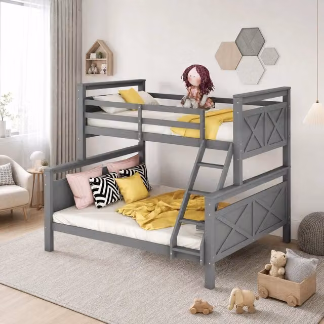 Letto a castello in legno con scala e sponde di sicurezza, trasformabile in 2 letti separati, 90(140)x200 cm, grigio