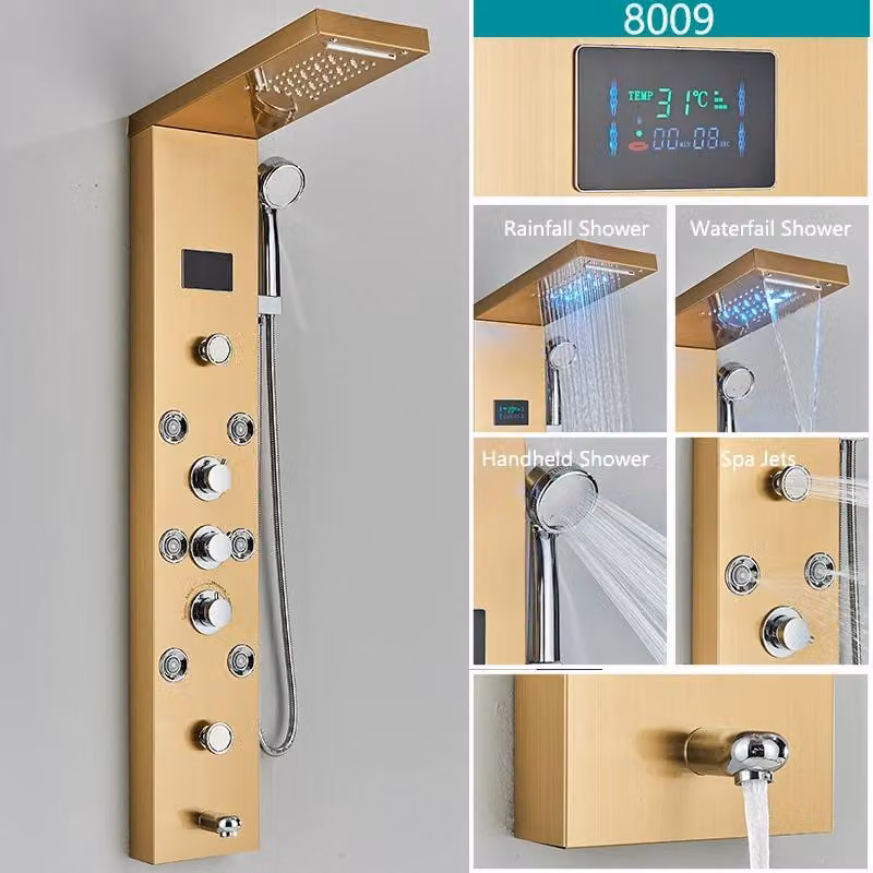Pannello doccia LED per vasca da bagno - Doccia a pioggia con getto a cascata e ingresso per vasca - Display digitale della temperatura - 4 getti massaggio - Acciaio inossidabile 304 - Oro, modello 8009