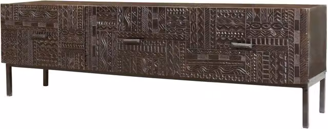 Credenza etnica a 3 ante in legno di mango intagliato e piedi in metallo nero, colore marrone
