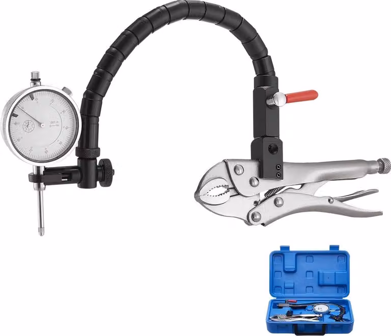 Calibro a quadrante - Set con braccio flessibile a 360° e pinze di presa - Precisione 0,03 mm - Campo di misura 0-25,4 mm - Per la regolazione di macchine e aree strette - Con custodia