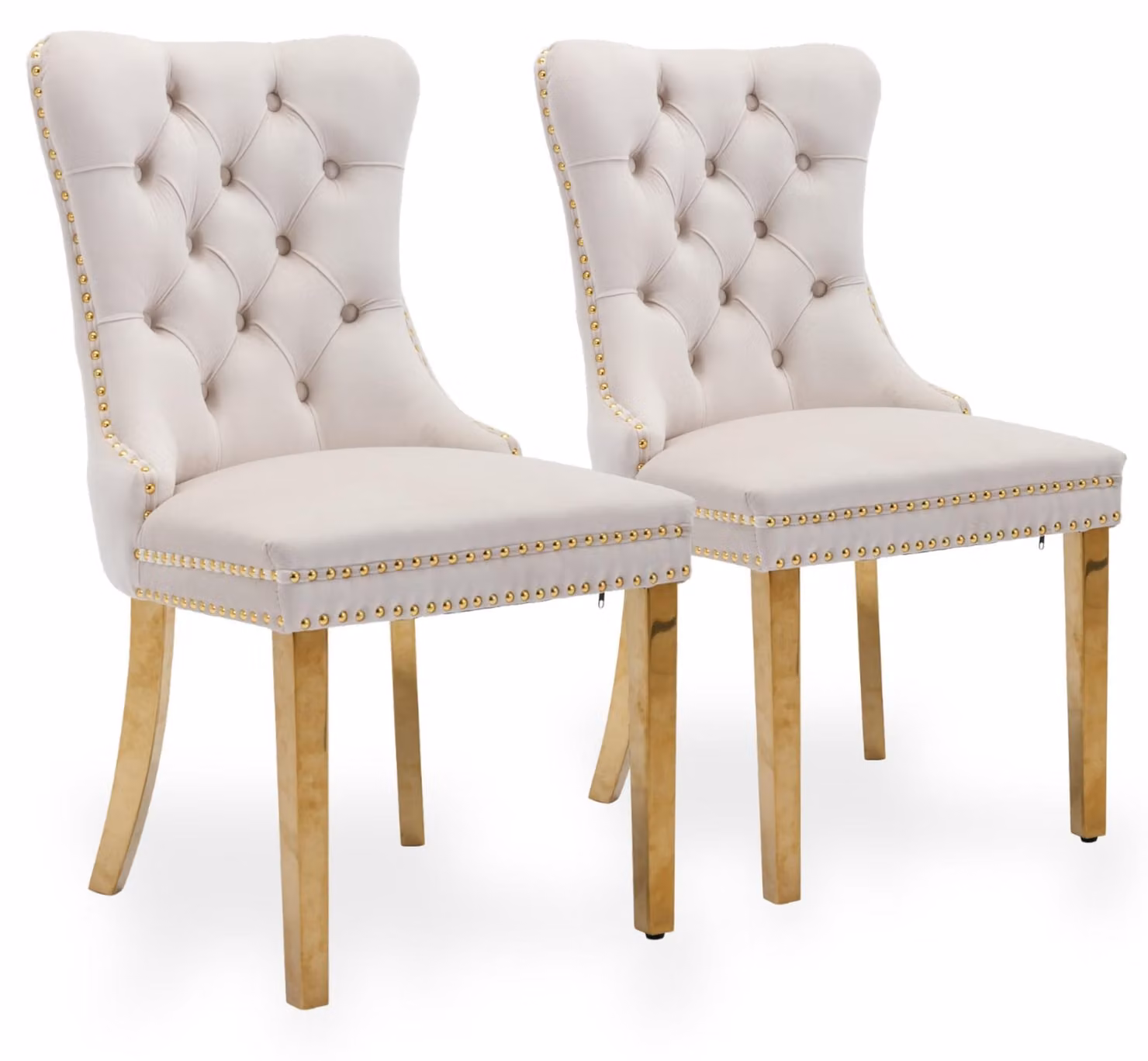 Set di 2 poltrone da pranzo in velluto, con schienale alto e struttura in legno rivestita di gomma dorata, colore beige
