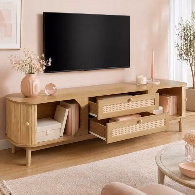 Mobile TV in stile naturale 170 x 46 x 39;5 cm con ante e cassetti in rattan; color legno naturale